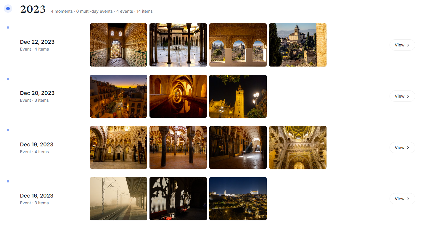 MemoryLane Moments grouping photographs into dated events and multi-day events